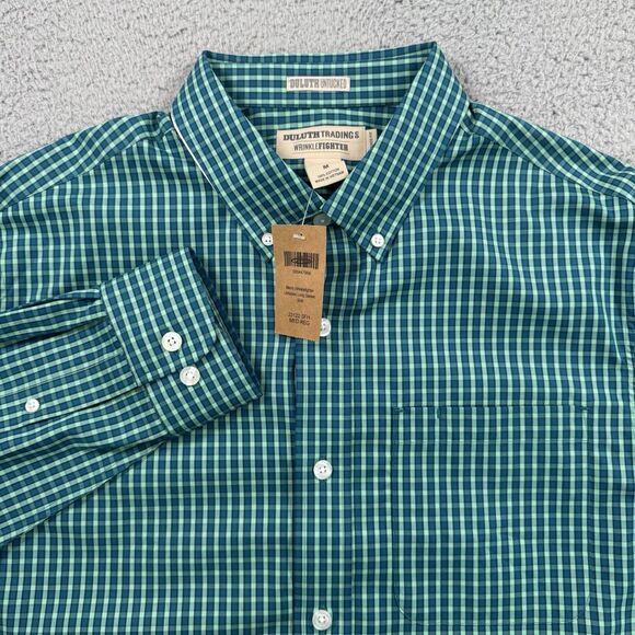 Duluth Trading Shirt Mens M Green Check WrinkleFighter Long Sleeve Button Down - Picture 1 of 9